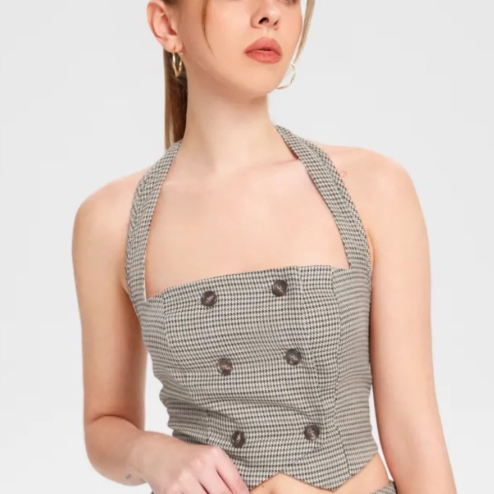 Tweed Houndstooth Halter Sleeveless Crop Top NTW CIDER